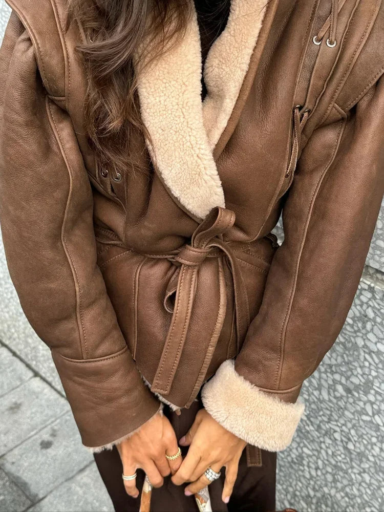 Elegant Irregular Hem Plush Lapel Coat Chic Lace Up Pocket Long Sleeve Women Jacket 2024 Autumn Winter New Warm Street Outerwear