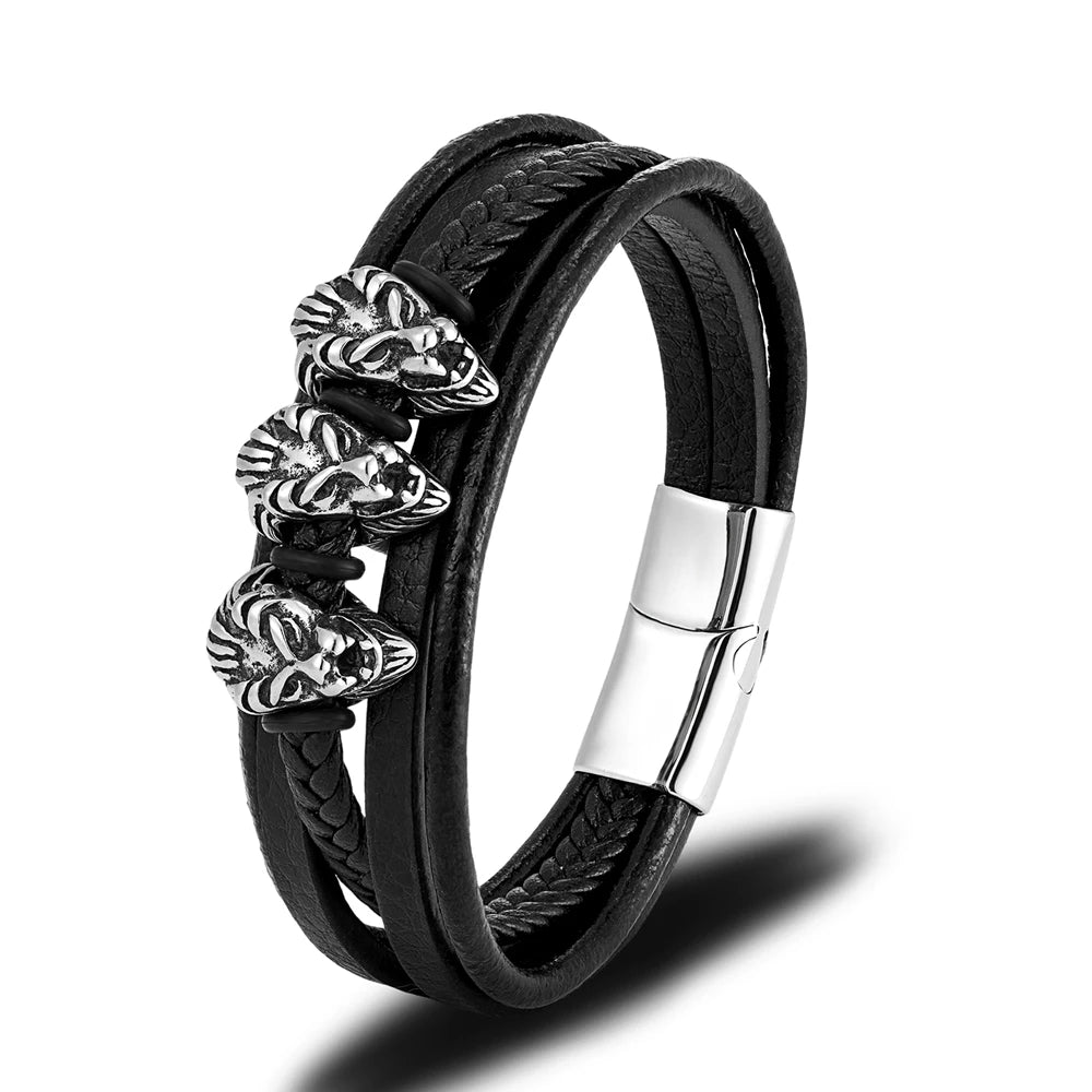 MKENDN Fashion Stainless Steel Charm Magnetic Black Genuine Leather Braided Bracelet 18k Plated Leo Lion Cuff Wristband Jewelry