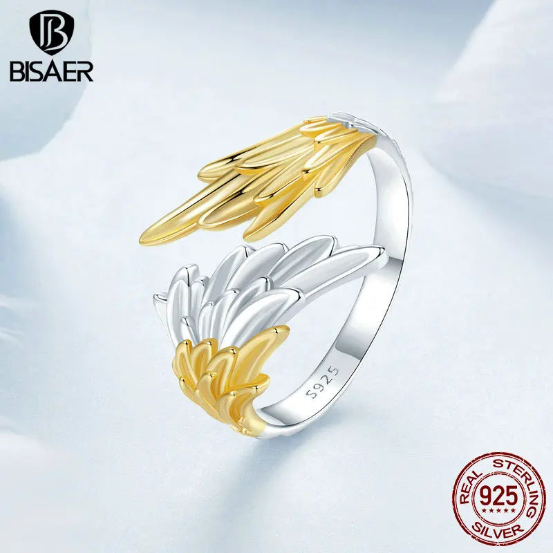 BISAER 925 Sterling Silver Two-tone Wing Ring Angel Wings Stud Earrings 14K Gold Plated for Elegant women Party Fine Jewelry