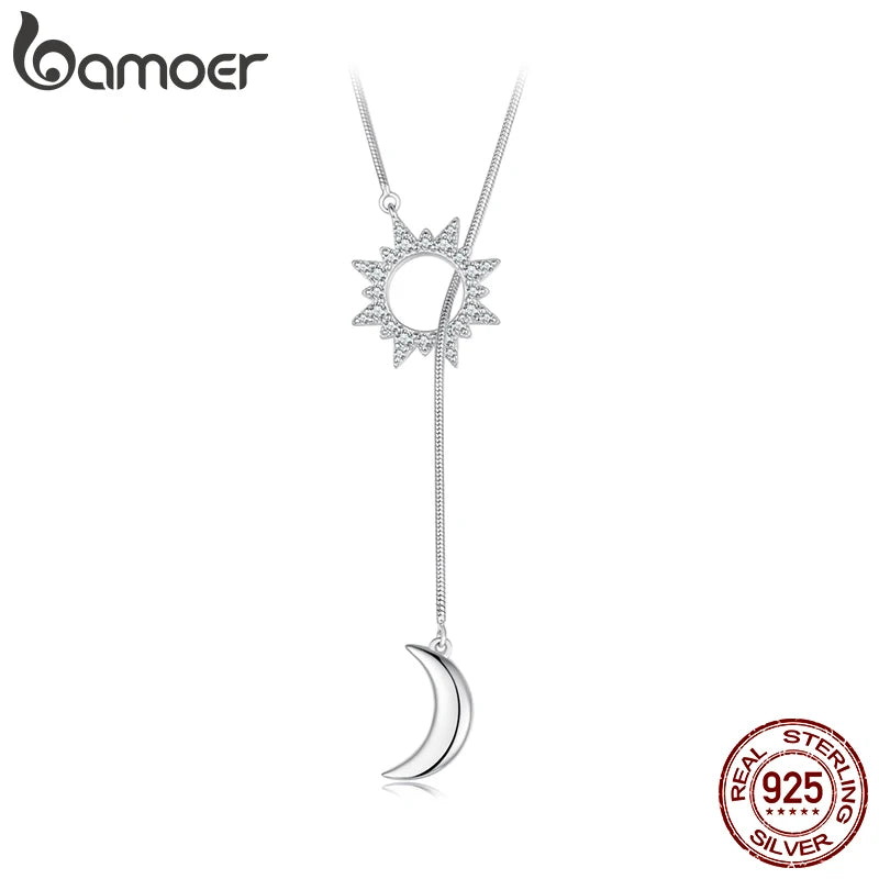 Collier en Y plaqué or blanc BAMOER Soleil et Lune, collier en argent sterling 925 de haute qualité pour femme, cadeau de Noël