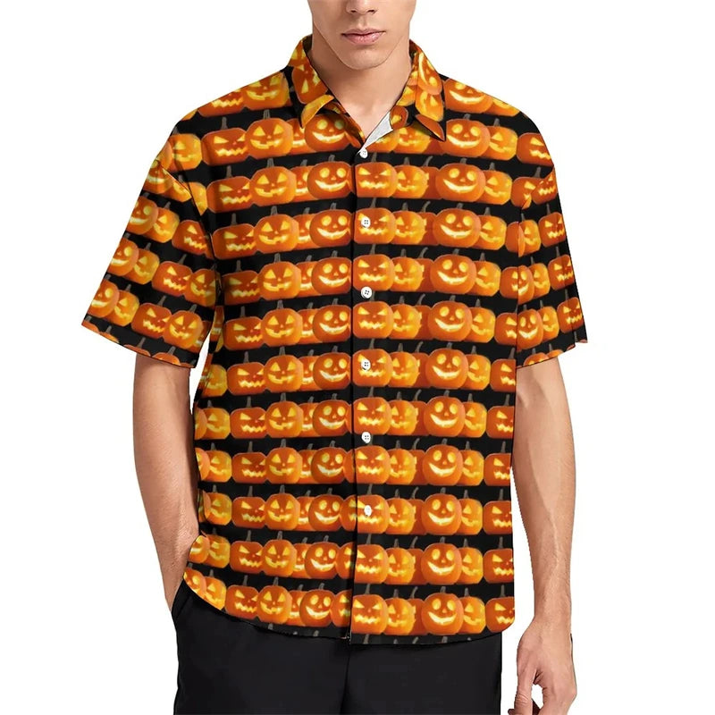 Funny Pumpkin Candy Graphic Blouses Fashion Halloween Gift 3D Printed Beach Shirts Streetwear Boy Short Sleeve Button Male Tops