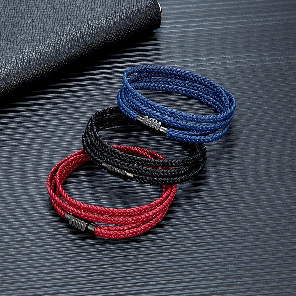 MKENDN Fashion Braided Rope Woven Multilayer Genuine Leather Bracelets Men Punk Black Stainless Steel Bangle Handmade Jewelry