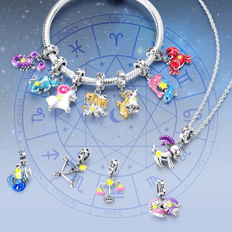 12 Zodiac Signs Fluorescent Twelve Constellations Star Sign 925 Silver Beads Charms fit Original Pandora Bracelet Neckalce