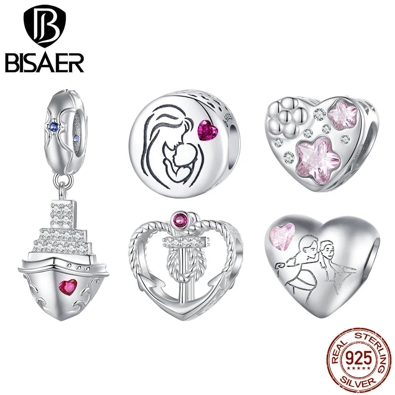 BISAER 925 Sterling Silver Heart Charm Bead Mom Steamship Pendant Plated Platinum Fit Mother's Day Birthday Bracelet DIY Jewelry