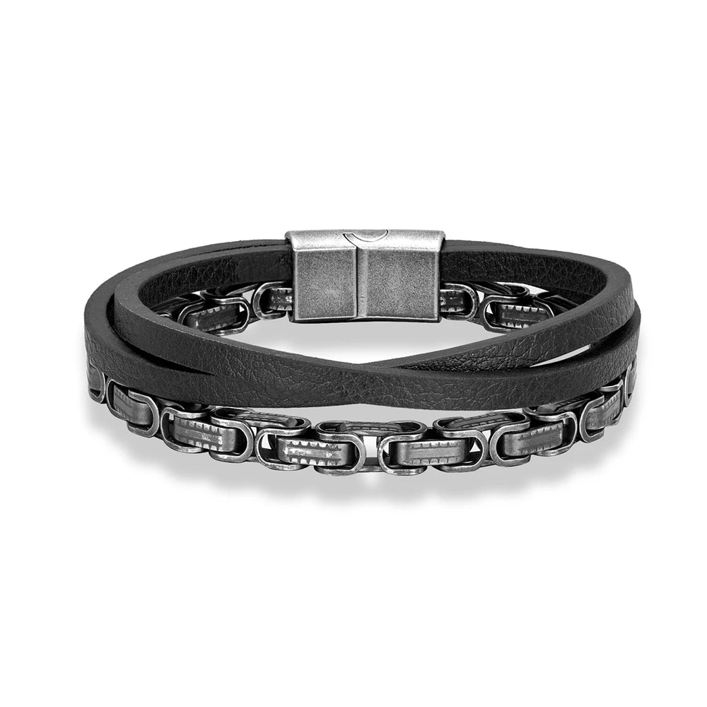 MKENDN Locomotive Men Punk Rock Cuban Link Chain Bracelet Stainless Steel Male Vintage Oxidized Black Quality Leather Jewelry