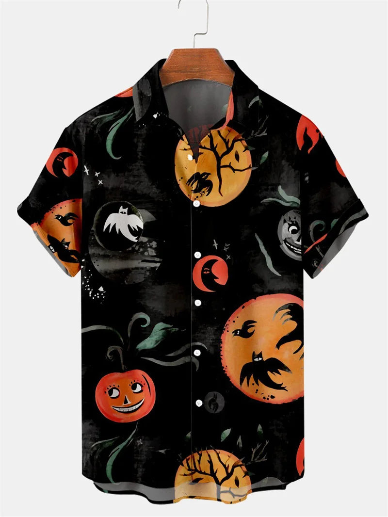 Men's Fashion Halloween Shirt Summer Cute Style Men's Clothing Party Holiday Men Top Pumpkin Head Print Boys' Short Sleeve Shirt