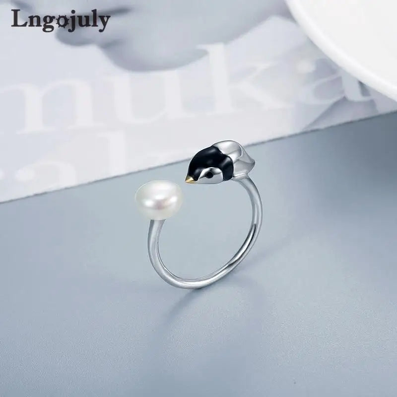 Anillo de pingüino con perla ajustable de plata de ley 925 de joyería fina para mujeres y niñas, regalos de joyería para aniversarios, bodas y fiestas