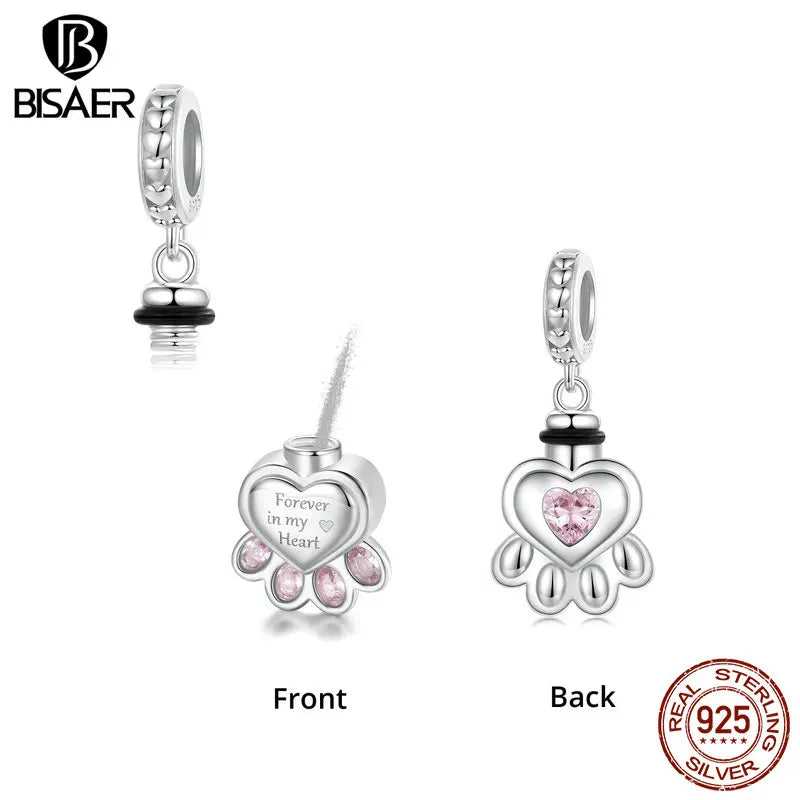 BISAER 925 Sterling Silver Pet Paw Memorial Urn Ashes Pendant Pink Heart CZ Charm for Women DIY Bracelet & Necklace Fine Jewelry