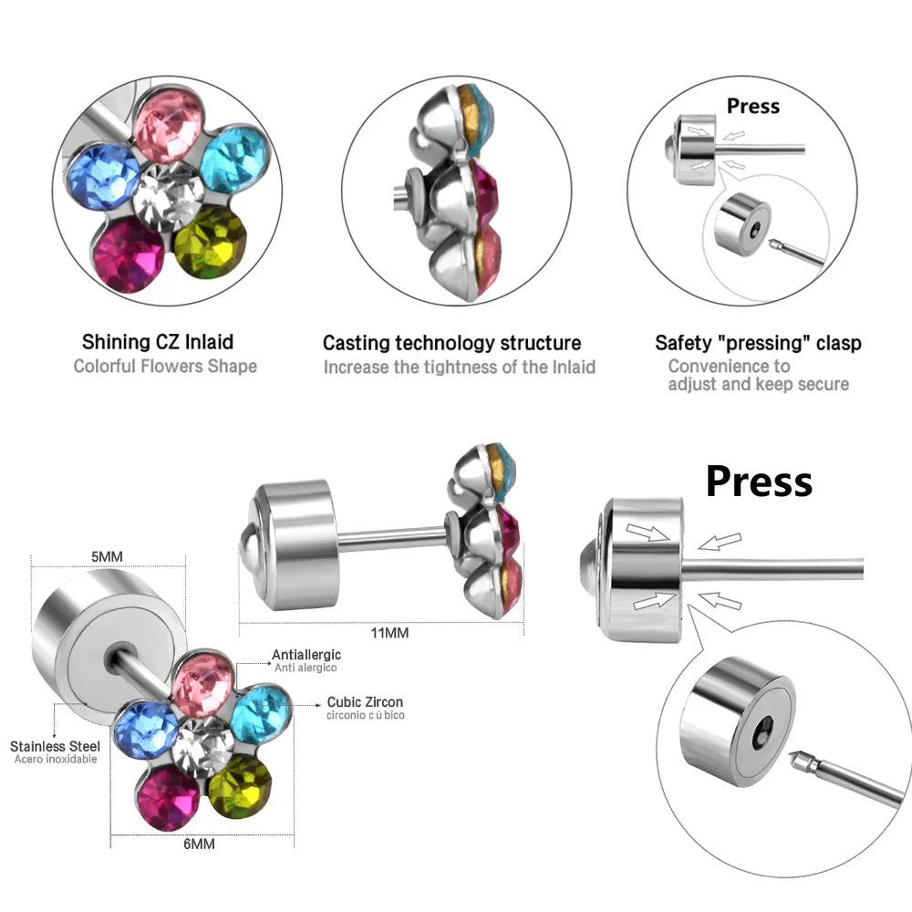 LUXUSTEEL Cute Baby Kids Girls Stud Earrings Stainless Steel Colorful Cubic Zircon Flower Anti-allergy Christmas Jewelry Gifts