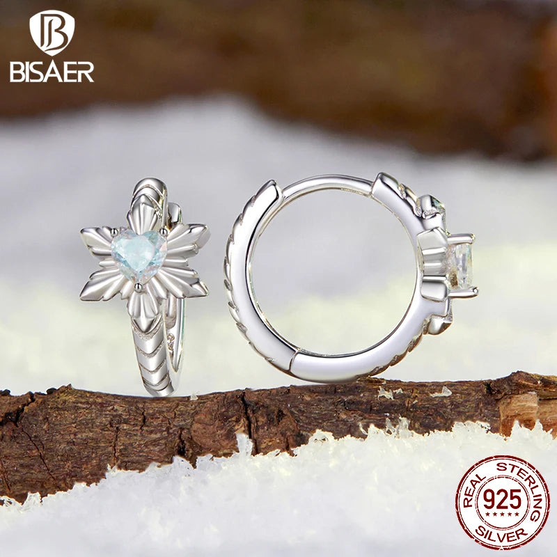 BISAER Real 925 Sterling Silver Ice Flower Hoop Earrings Sparkling Stud Ear For Women Party Original Fine Jewelry Winter Gift