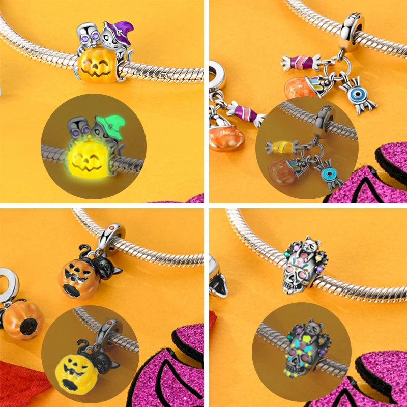 New S925 Silver Halloween Skull Pumpkin Charm Bead Fit Original Pandora Bracelet DIY Halloween Holiday Decoration Souvenirs