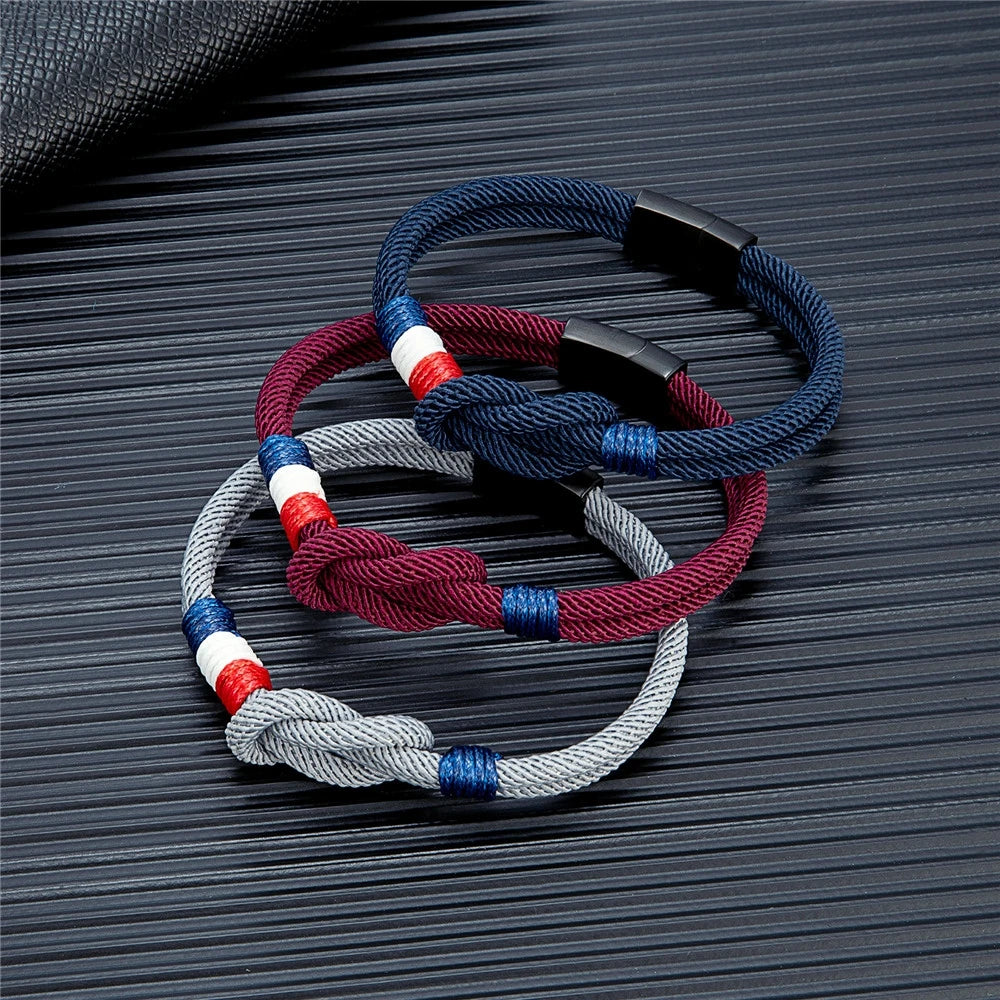 MKENDN Black Stainless Steel Square Knot Rope Bracelet Men Women Handmade Woven Double-Layer Design France Flag Couple Jewelry