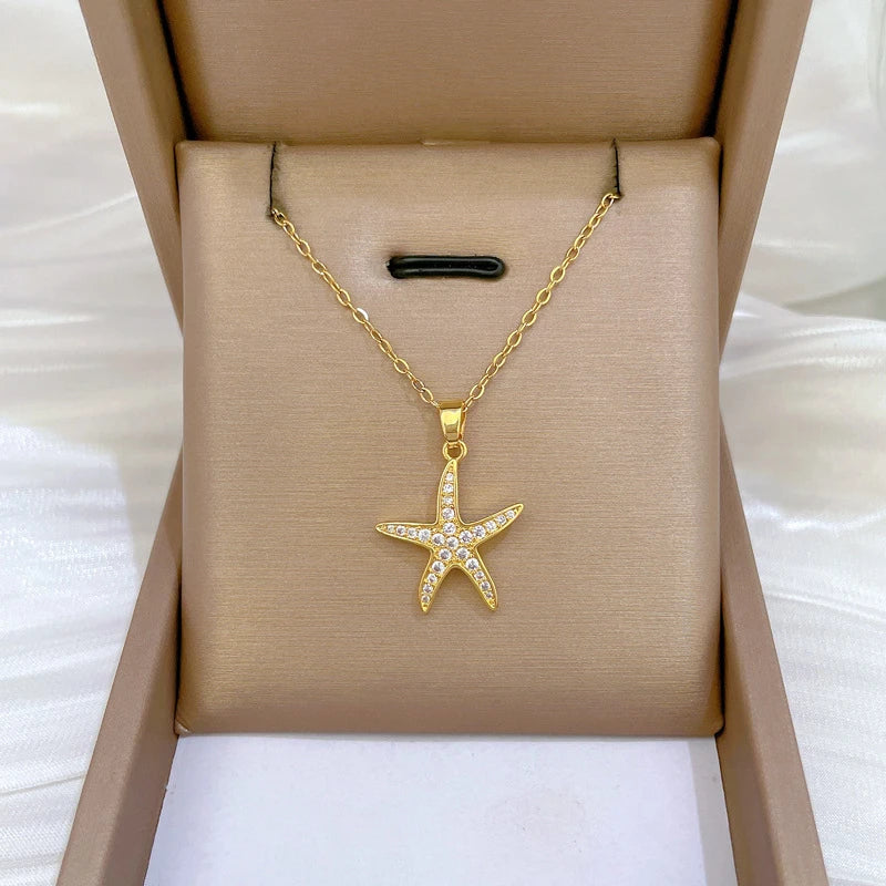 Fashion Simple Marine Life Starfish Zircon Pendant Necklaces for Women Stainless Steel Jewelry Accessories Gifts for Lover