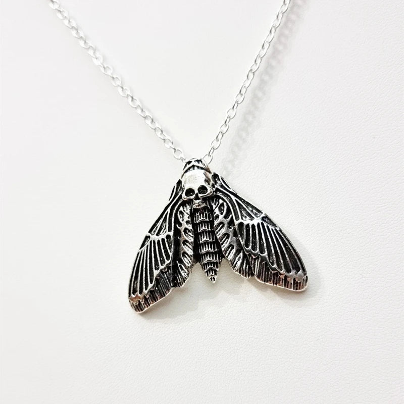 Goth Silver Color Moth Skull Pendant, Skull Necklace, Halloween Necklace,Gothic Skull and Moth Pendant Necklace