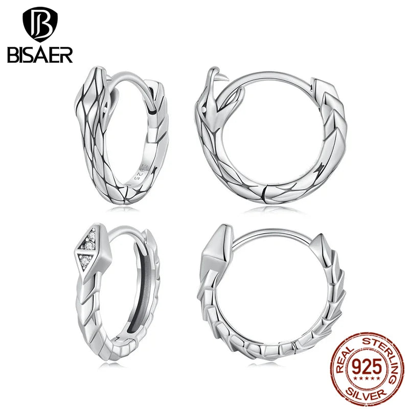 BISAER 925 Sterling Silver Snake Hoop Earrings Retro Textures Stud Earring for Hip Hop Women Party Original Fine Jewelry EFE1149