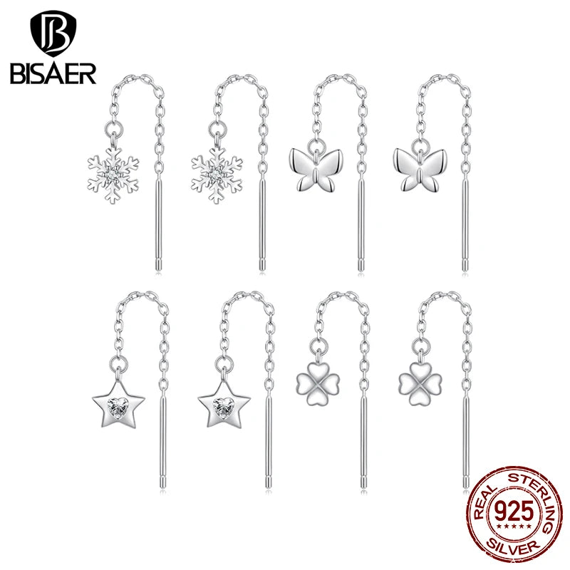 BISAER 925 Sterling Silver Snowflake Ear Threads Butterfly Star Four-leaf Clover Earrings Plated White Gold For Women Jewelry