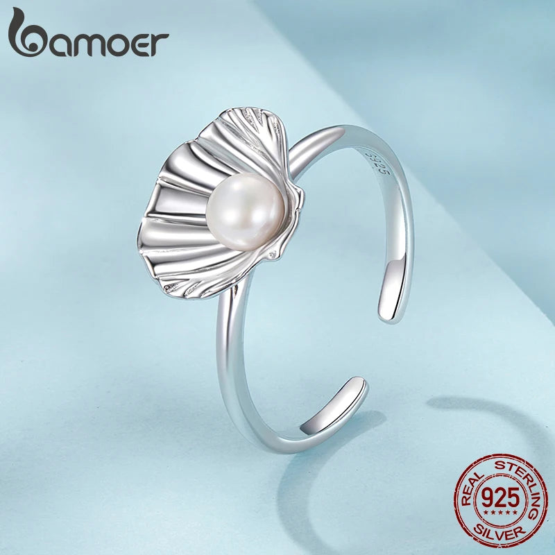 Bague ajustable en argent sterling 925 massif BAMOER avec perle d'eau douce et joli bijou de Noël, cadeau d'anniversaire pour femme SCR1077