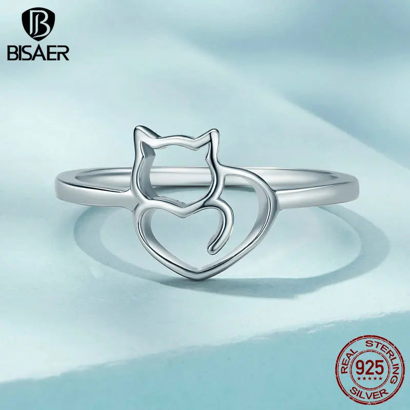 BISAER 925 Sterling Silver Cute Little Cat & Heart Finger Ring Size 6-9 3 Colors Pet Ring For Women Party Fine Jewelry ECR104