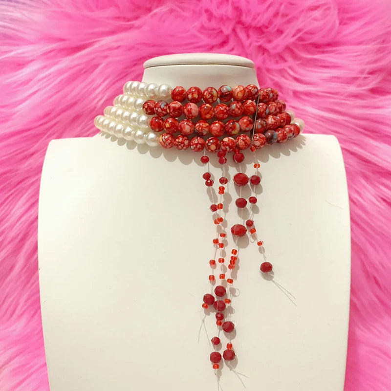 Halloween Faux Pearl Blood Tiered Necklace Goth Jewellery Blood Drop Tassel Choker Women Grunge Rock Egirl Accessory Aesthetic