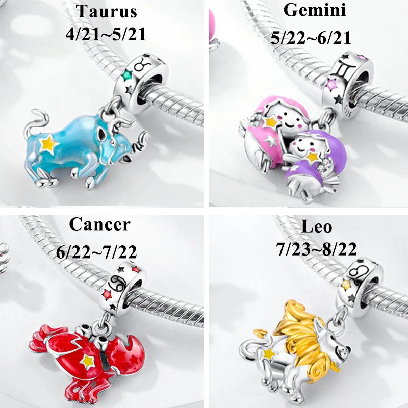 12 Zodiac Signs Fluorescent Twelve Constellations Star Sign 925 Silver Beads Charms fit Original Pandora Bracelet Neckalce