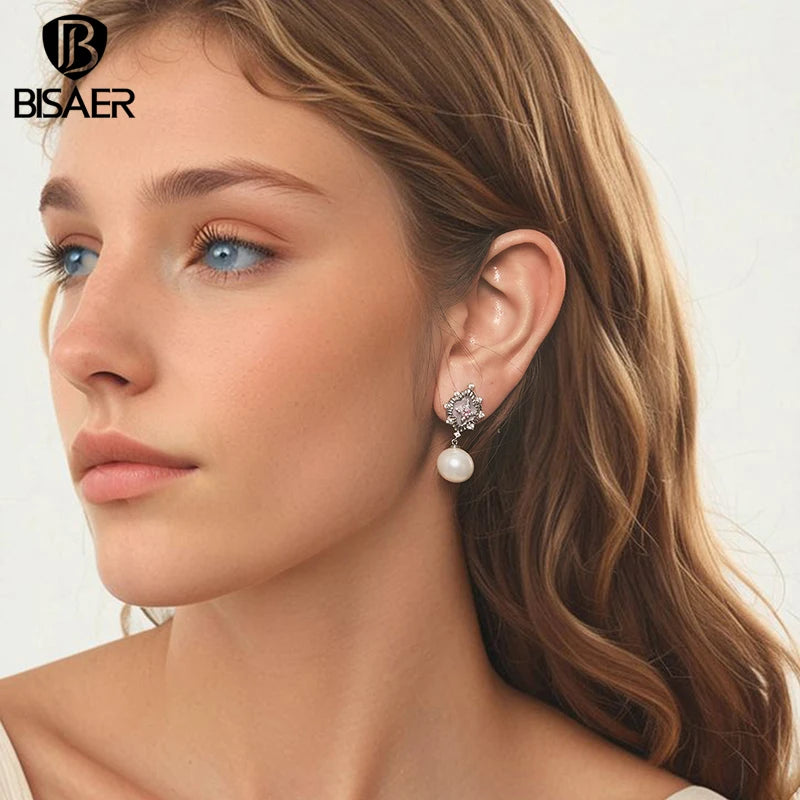 BISAER Boucles d'oreilles à tige en coquillage rose Starlight en forme d'étoile en zircon plaqué or blanc pour femme, bijoux de fête et de fiançailles