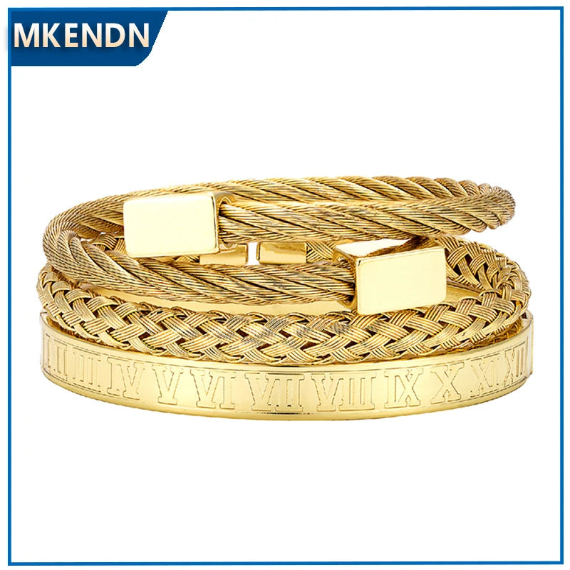 MKENDN 3pcs/Set Charm Men Bracelet Stainless Steel Square Steel Rope Bangles Roman Numeral Cuff Jewelry Dropshipping