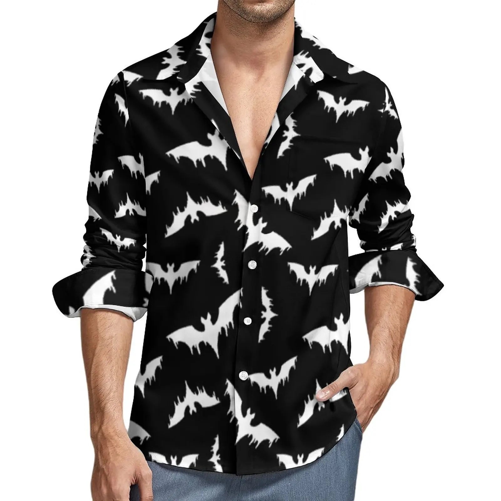 Purple Bats Print Shirt Autumn Black Halloween Casual Shirts Men Loose Blouses Long Sleeve Graphic Funny Clothing Plus Size