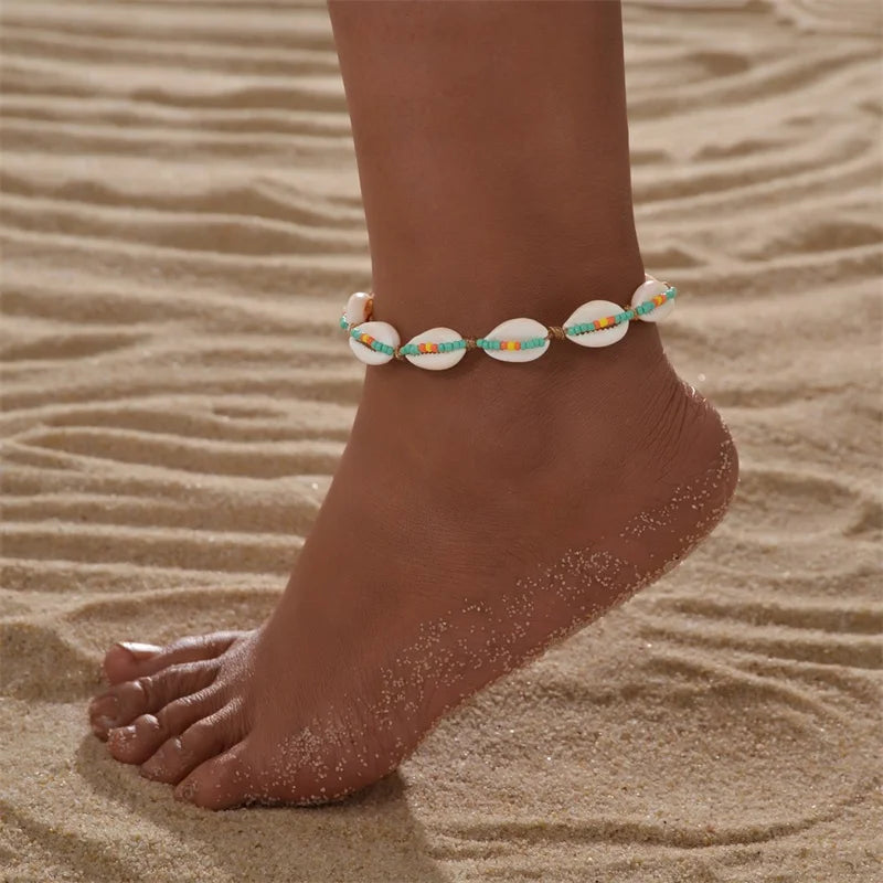 Bohemia Starfish Conch Beaded Anklets for Women Girls Vintage Layered Shell Beads Ankle Bracelet On Foot Leg Chain Beach Jewelry