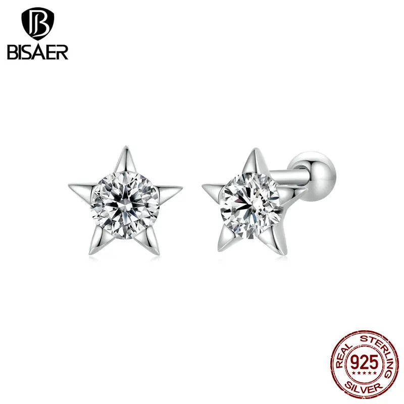 BISAER 925 Sterling Silver Mini Starlight Stud Earrings Sparkling Zircon Ear Clip Plated White Gold For Women Party Fine Jewelry