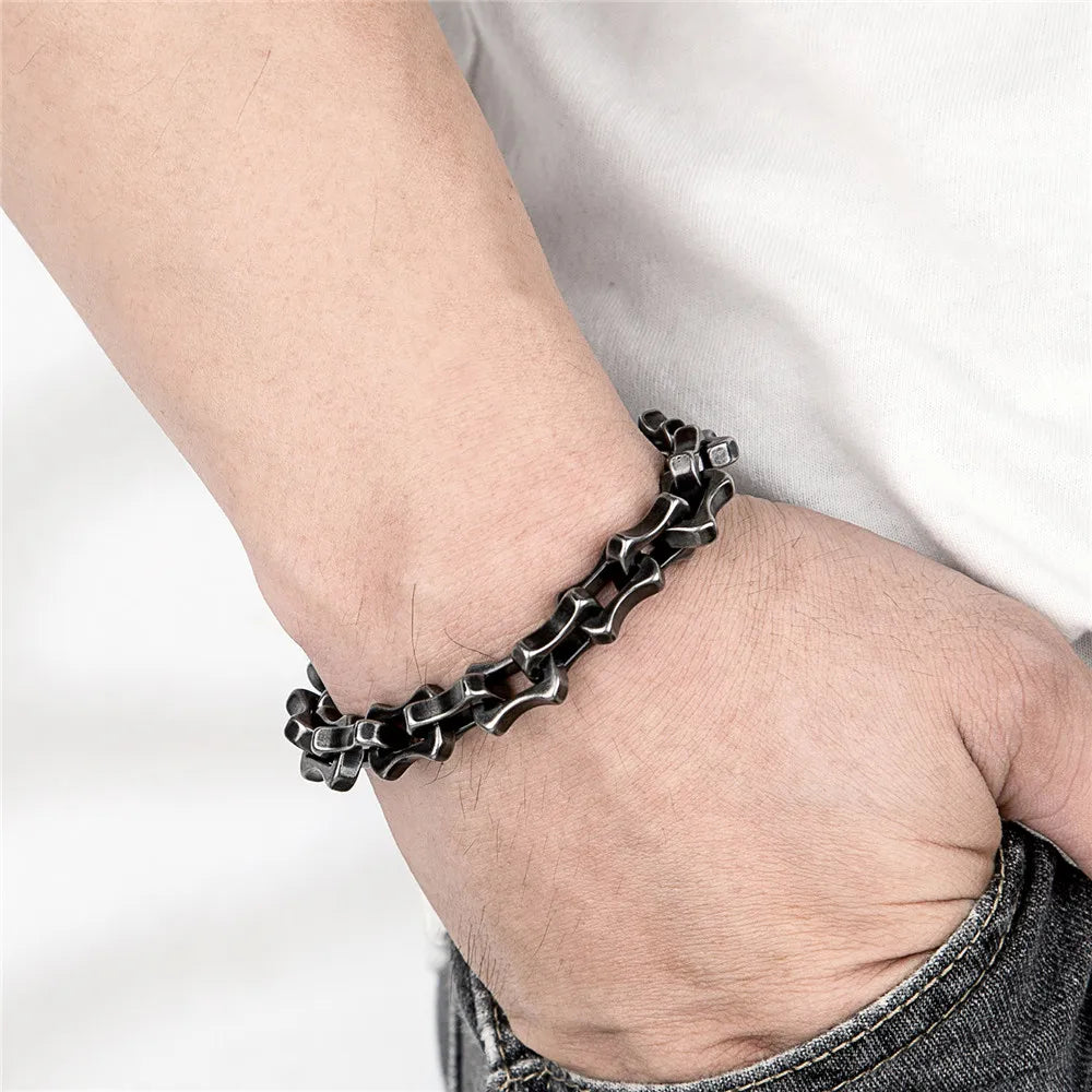 MKENDN  Locomotive Vintage Oxidized Black Keel Chain Link Men Bracelet Punk Stainless Steel Motorcycle Bracelets Male Jewelry