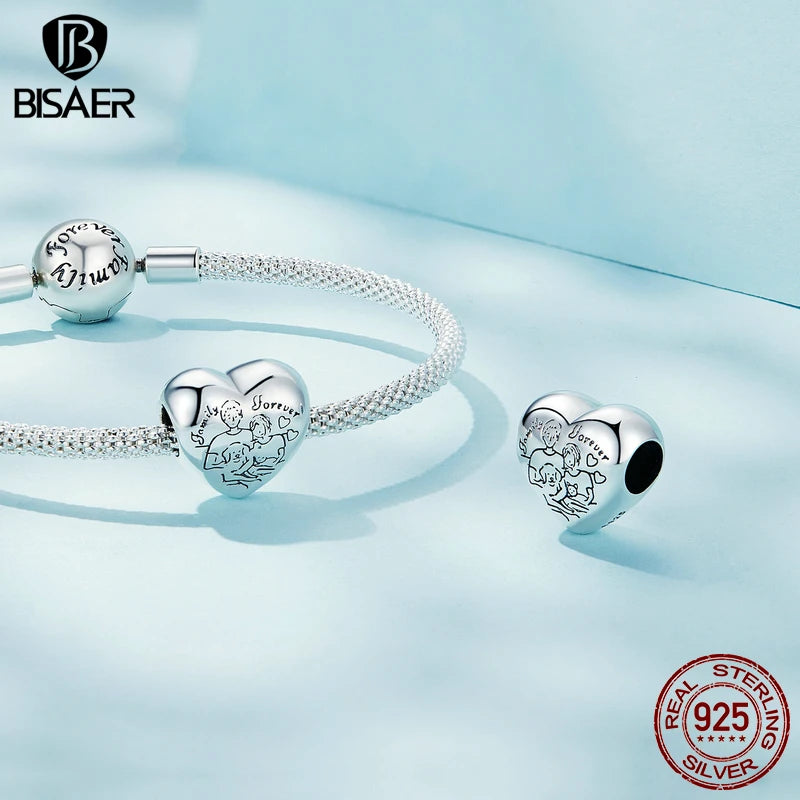 BISAER - Colgante de plata de ley 925 con forma de corazón para mamá, chapado en platino, apto para pulseras de bricolaje para el día de la madre y cumpleaños, joyería fina