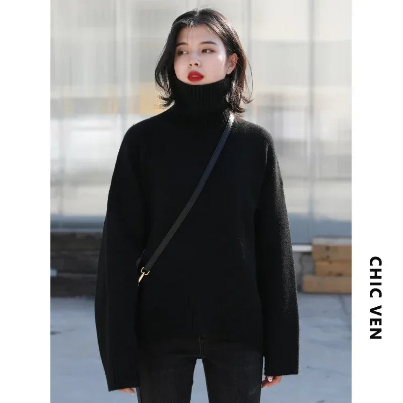 CHIC VEN Korean Women's Sweater Loose Turtleneck Sweaters Warm Solid Pullover Knitwear Basic Female Tops Autumn Winter 2022