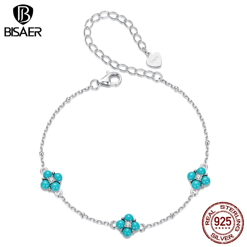 BISAER Bracelet trèfle turquoise en argent sterling 925 chaîne à breloque réglable plaquée or blanc pour femme fête bijoux fins cadeau