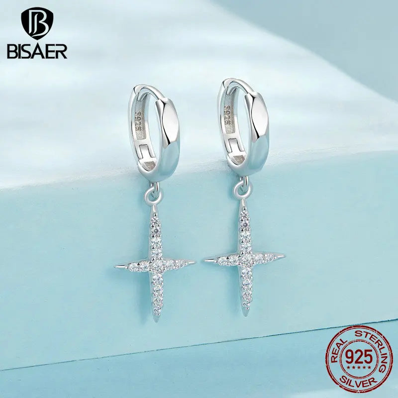 BISAER 925 Sterling Silber Minimalistischer Kreuz-Offener Ring Kreuz Creolen Vergoldet Weißgold für Elegante Damen Party Edler Schmuck