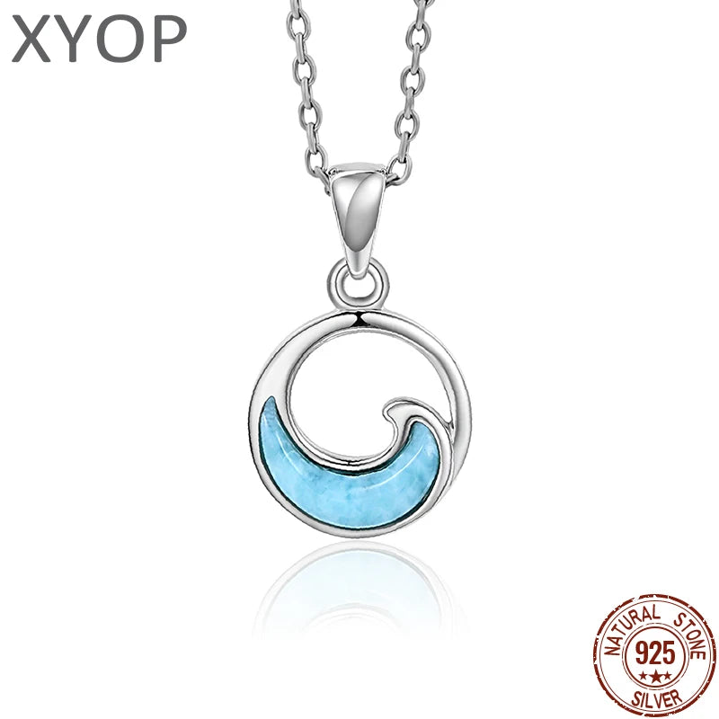 XYOP 925 Silver Gift Simple Wave Natural Larimar Pendant,The Girl Next Door Is Clean And Calm