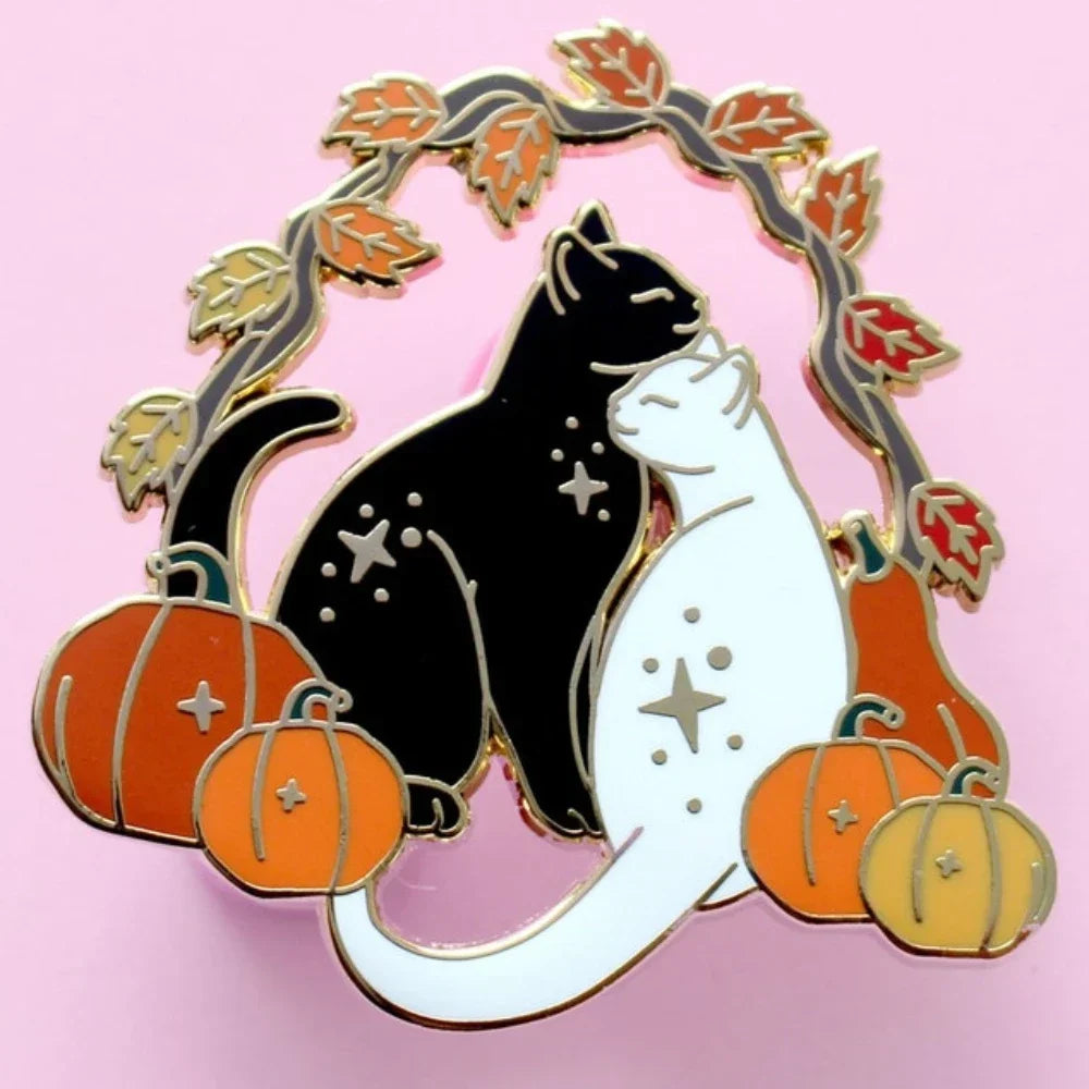 Pumpkin & Cats Enamel Pin / Autumn Fall Brooch for Halloween