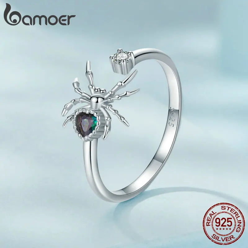 BAMOER Genuine 925 Sterling Silver Spide Open Ring for Women Halloween Finger Ring Fine Jewelry Birthday Gift SCR1071-E