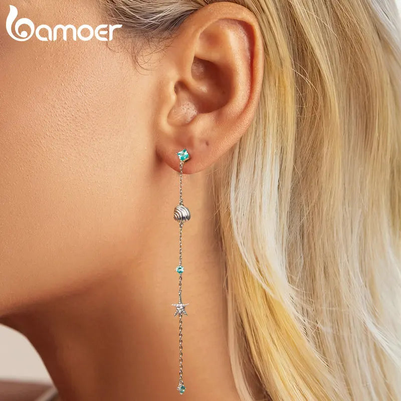 Pendientes largos de plata de ley 925 auténtica con forma de gota de océano azul y estrella de mar.