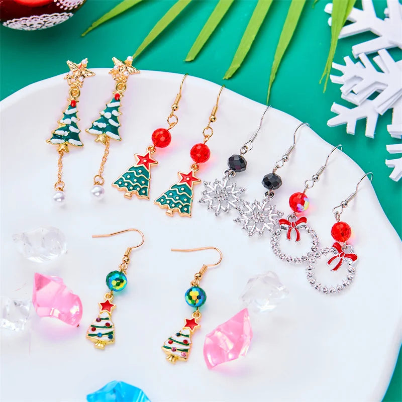 New Crystal Christmas Tree Tassel Earrings for Women Trendy Rhinestone Snowflake Bow Round Drop Earring Girls Christmas Jewelry