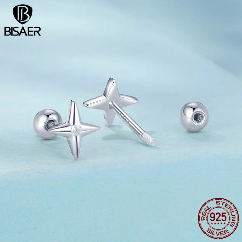 BISAER 925 Sterling Silver Mini Star Stud Earrings Zircon Hypoallergenic Earrings 18K Plated Gold for Women Party Fine Jewelry