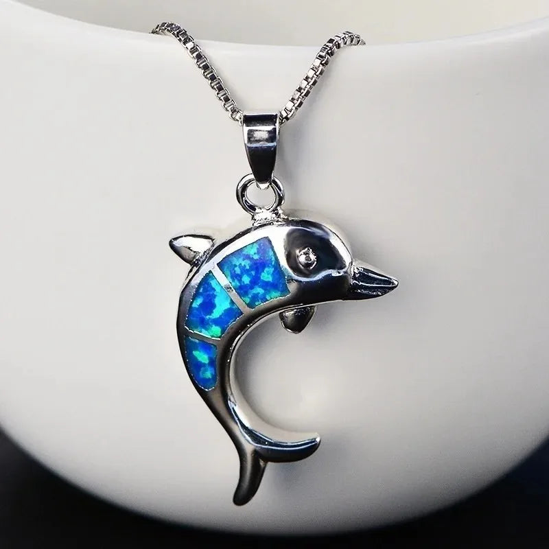 Boho Fashion Sea Animal Dolphin Pendant Necklace for Women Girl Inlay Imitation Blue Opal Necklace Wedding Party Jewelry