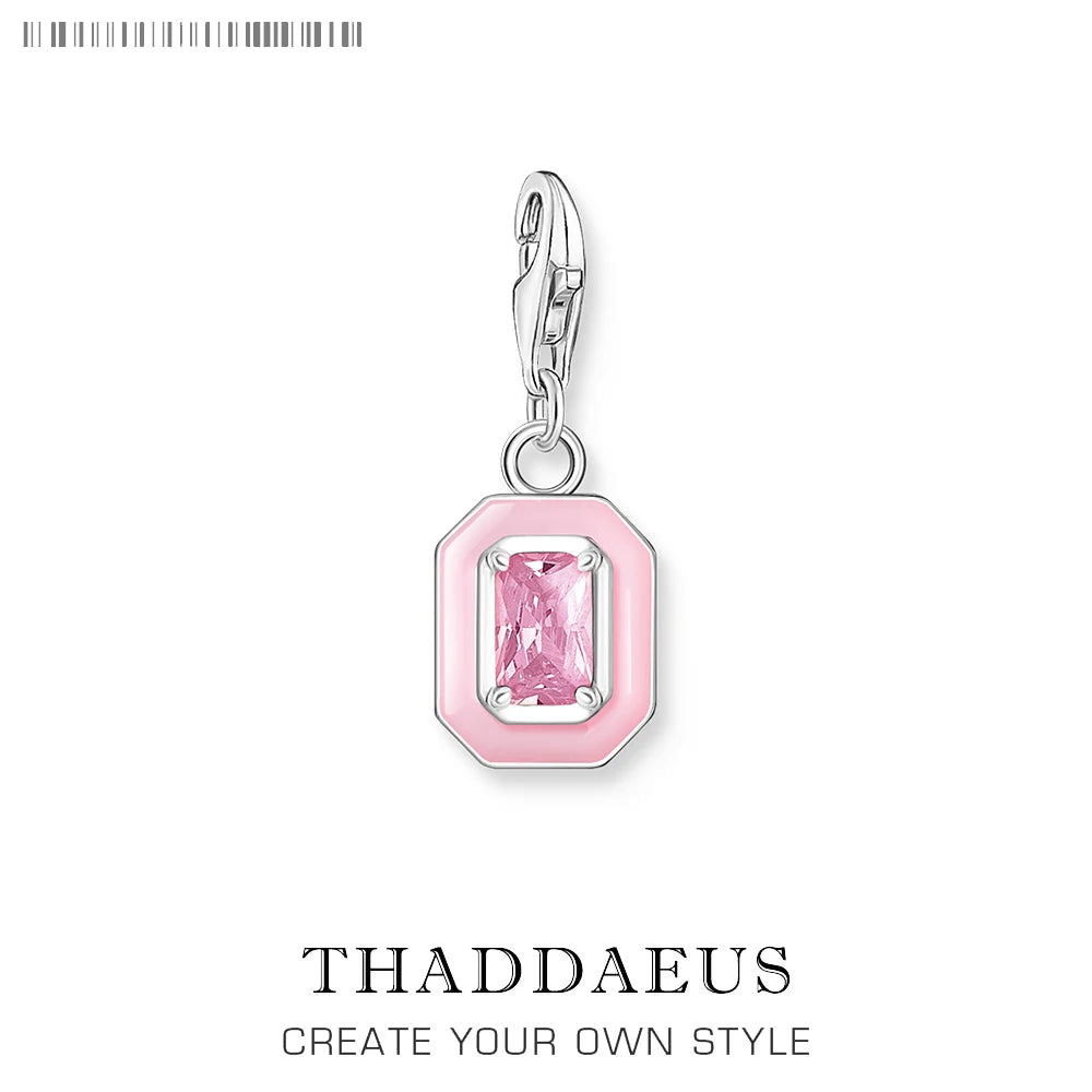 Dangle Charm Pendant Pink Stone Octagon Design New Europe Jewelry Trendy Gift In 925 Sterling Silver