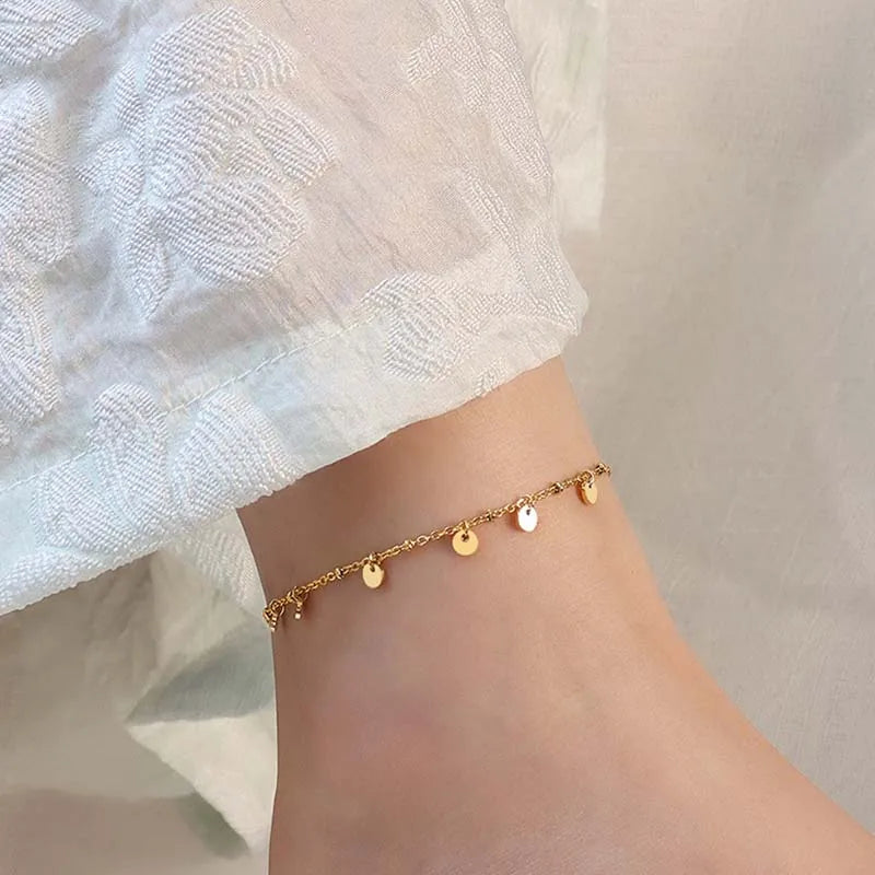 18K Gold Plated Stainless Steel Round Charm Adjustable Anklets for Women Waterproof Beach Foot Bracelet Jewelry Gift