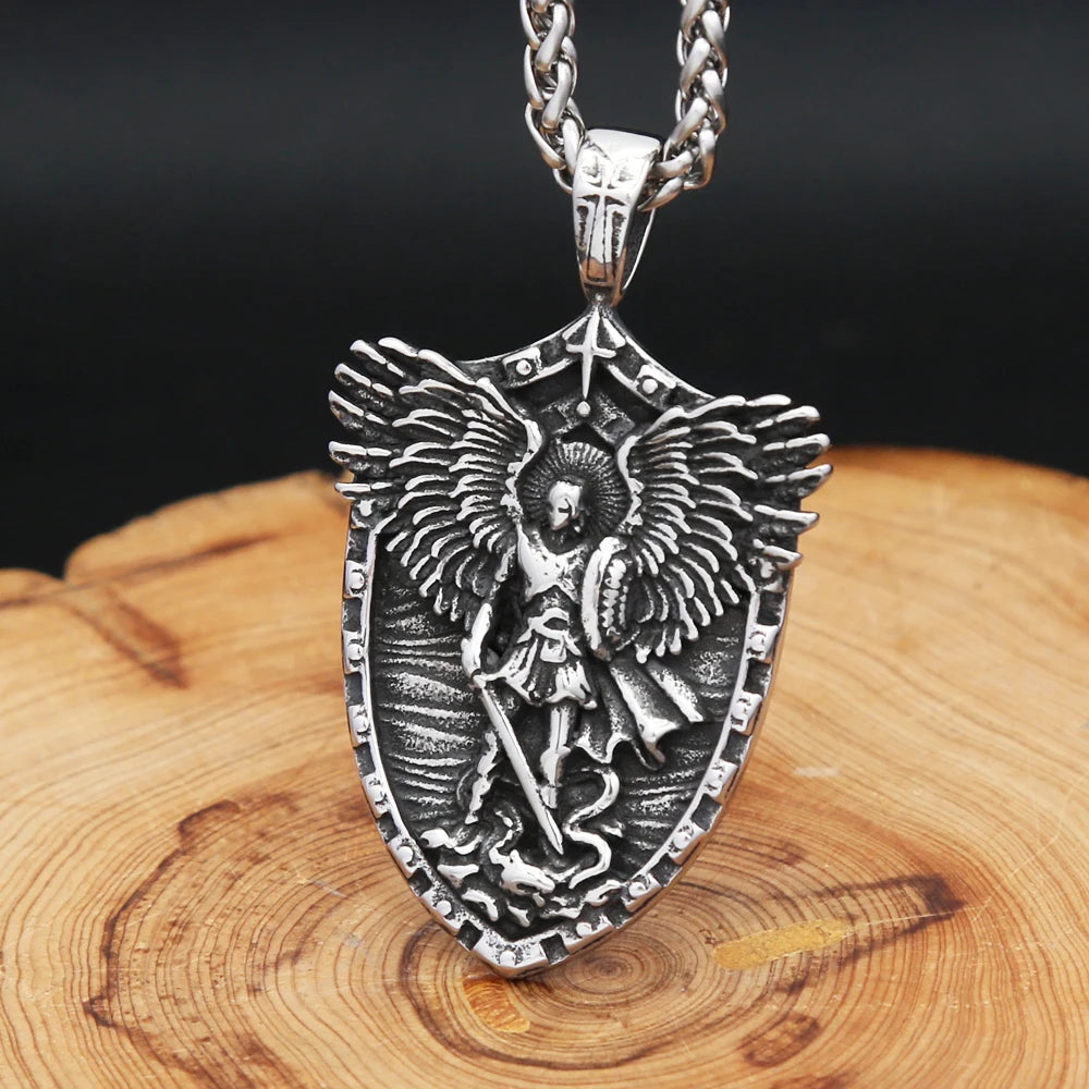 New Vintage Stainless Steel Stain Michael Pandent Necklaces Fashion Punk Angel Wings Necklace For Men Women Amulet Jewelry Gifts