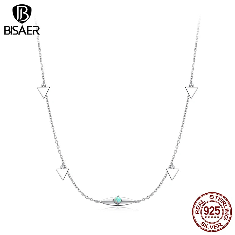 BISAER 925 Sterling Silver Demon Eye Pendant Necklace Bule Opal Adjustable Chain Plated White Gold for Woman Fine Jewelry