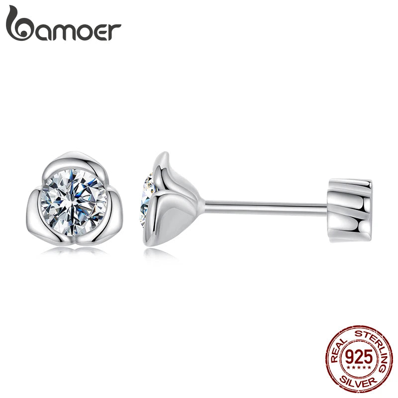 Boucles d'oreilles BAMOER en or blanc plaqué or rose avec moissanite pour femmes, clous d'oreilles en argent sterling 925 avec petites fleurs, cadeau de Noël