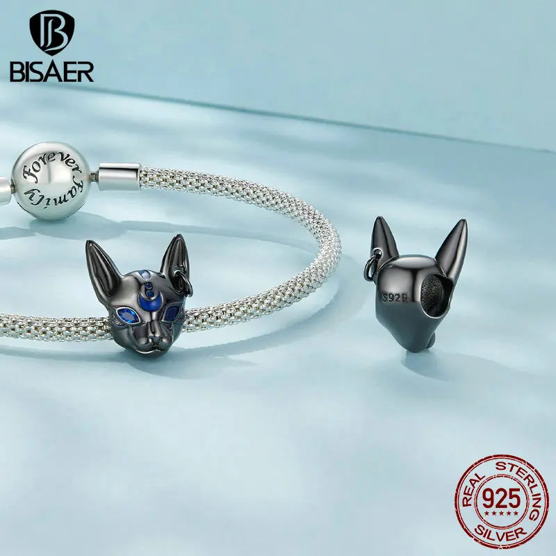 BISAER - Abalorio de plata de ley 925 con forma de gato, diseño de gato egipcio, dios cisne, chapado en oro negro, apto para pulseras de mujer, joyería fina