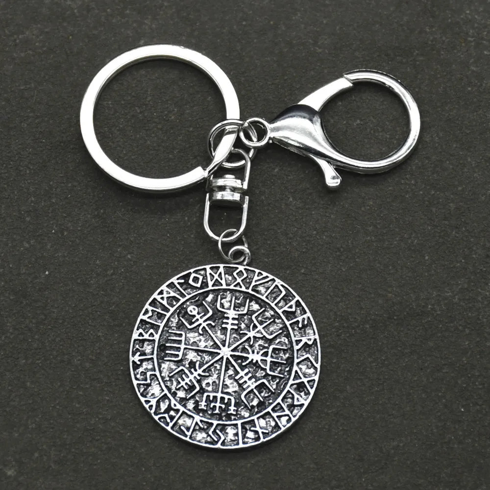 Llavero con colgante de runas nórdicas vikingas Vegvisir para hombres y mujeres, bastones mágicos, brújula, amuleto, talismán, joyería