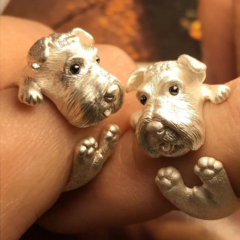 Fashion Design Handmade Schnauzer Puppy Fox Cute Animal Open Ring Temperament Jewelry Wholesale