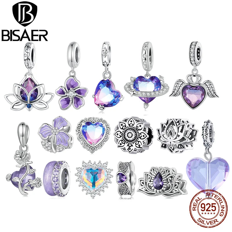 BISAER 925 Sterling Silver Lotus Flower Charm Bead Gradient Purple Crystal Pendant Fit Women DIY Bracelet Necklace Fine Jewelry